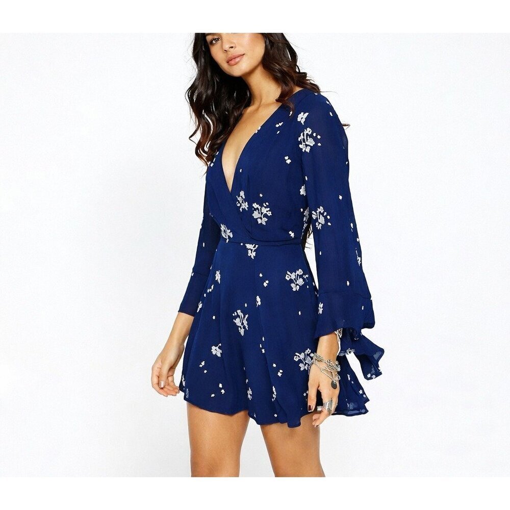 Free People Jasmine Embroidered Bell Sleeve Mini Dress Navy - Size 4